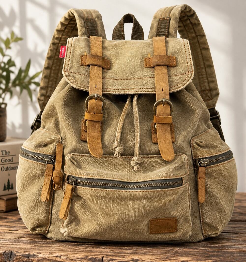 Ecocity Khaki Canvas Leather Rucksack Backpack Utility Cargo Hiking Gorpcore
